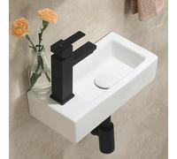 HOROW lavatoio ceramica bianca rettangolare, compatto lavandino piccolo bagno, lavabo bagno sospeso, con 1 foro per rubinetto a sinistra, 370x180x90 MM