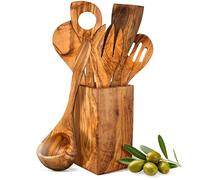 HORREA CAELIA - Set di 7 cucchiai, realizzato a mano in legno d'ulivo, spatola, mestolo, mestolo, cucchiaio, forchetta da insalata, cucchiaio, spatola con contenitore in legno d'ulivo, sostenibile