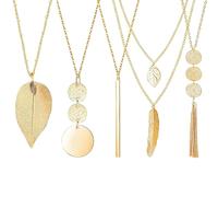 HORREX 5 Pezzi Set Collane, Collana Donna Lunga Semplice Set di Gioielli Elegante, Parure Gioielli Donna Bohémien, Oro Pendente Bar Piuma Cerchio Foglia Lucchetto Nappa per Usura Quotidiana Cena