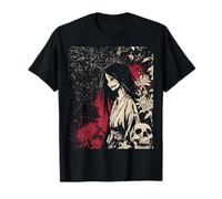 Horror Aesthetic Japanese Girl with Skull and Flowers Maglietta