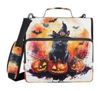 Horror Halloween Cane Halloween Strega Gatto Nero Halloween 3 Anelli 3,8 cm Zipper Raccoglitore con Manico e Tracolla Rimovibile Impermeabile Portfolio Raccoglitore per Studente Medio