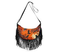 Horror Halloween Floreale Corvi Albero Rami Nero Gatto Borse per le Donne Borsa a Tracolla Frange Borse a Tracolla Donna Borse a Tracolla Signore Medie Dimensioni con (prop2)