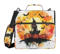 Horror Halloween Witch Black Cat Pumpkin 3,8 cm 3 anelli scuola cerniera raccoglitore con tracolla e manico impermeabile portatile casa viaggio borsa portaoggetti sicura per scuola/ufficio
