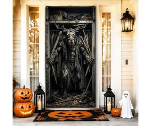 Horror Monster Closet Decor Halloween Door Covers 91,4 x 182,9 cm | Creatura con corna, striscione per portico, tema dark fantasy, estetica horror, atmosfera cinematografica