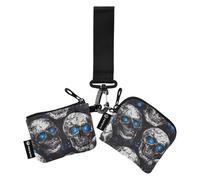 Horror Skull Blue Neon Eyes Dual Coin Purse Porta carte di credito Portafoglio sottile piatto Money Organizers con cinturino da polso per le signore 2 confezioni Mujer para