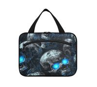 Horror Skull Blue Neon Eyes Hanging Makeup Bags per le donne con gancio, kit di articoli da toeletta impermeabili di design per i viaggiatori Hotel bolso Viajero para Mujer L