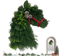 Horse Head Wreath Rustic Farmhouse Equestrian Door Decor, 15.75 * 11.81in Hand-Woven Artificial Christmas Horse Head Wreath with Red Ribbon for Home Front Door Wall Window Outdoor Porch Garden Decor