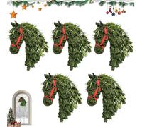 Horse Head Wreath Rustic Farmhouse Equestrian Door Decor, 15.75 * 11.81in Hand-Woven Artificial Christmas Horse Head Wreath with Red Ribbon for Home Front Door Wall Window Outdoor Porch Garden Decor
