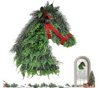 Horse Head Wreath Rustic Farmhouse Equestrian Door Decor, 15.75 * 11.81in Hand-Woven Artificial Christmas Horse Head Wreath with Red Ribbon for Home Front Door Wall Window Outdoor Porch Garden Decor