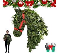 Horse Head Wreath-Rustic Farmhouse Equestrian Front Door Decor, Hand-Woven Horse Shaped Christmas Wreath with Red Bow, Faux Greenery Holiday Wreaths for Barn,Porch,Home Decoration