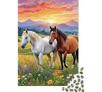 Horses in Sunset Field 1000 Componenti Carta Spessa Puzzle Familiare Livello Di Difficoltà Equilibrato Intrattenimento Fine Settimana A Domicilio Divertente 52x38cm/1000pcs