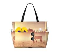 Horses On Pasture At Sundown Stampa Grande Borsa da Spiaggia Impermeabile da Donna con Zip e Tasche Borsa Pieghevole per Viaggi Piscina Shopping Vacanze Palestra
