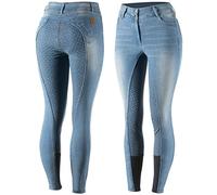 HORZE Kaia Pantaloni da Equitazione a Vita Alta in Denim con Full Seat in Silicone da Donna, Blu, 42