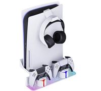 Hosanwell Supporto Parete per Console PS5/PS5 Slim/PS5 Pro con Stazione di Ricarica, compatibile con PS5 Versione Disco e Digitale, Stazione di Ricarica con Luce RGB Multimodale, Bianco