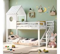 Hoscullo Letto a castello 90 x 200 cm, letto a soppalco con scale, letto matrimoniale con protezione anticaduta, lettino con finestra e tetto, letto con rete a doghe, bianco