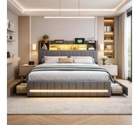 Hoscullo Letto imbottito 140 x 190 cm, moderno con 4 cassetti e testiera imbottita, letto per ragazzi con LED e USB, adatto per adulti e ragazzi, biancheria