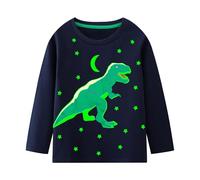 Hoseay Maglietta Manica Lunghe Ragazzi Cotone Morbido T-Shirt con Girocollo Luminoso Dinosauro Stampa Tee Shirt Casual Basic Sport Top Bambini Abbigliamento per 5-6 Anni, Blu Navy