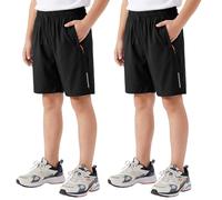 Hoseay Pantaloncini Ragazzi, Rapida Asciugatura 2 Pezzi Sportivi Shorts con Strisce Riflettenti e Tasche Cerniera, Traspirante Abbigliamento Sportivo Scuola Ciclismo Bambini 8-9 Anni, Nero