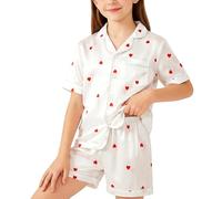 Hoseay Ragazze Pigiama, Manica Corta Maglietta e Vita Elastica Pantaloni 2 Pezzi Satinato Abbigliamento da Notte, Morbido Leggero Abbigliamento Casa con Bottoni per Bambini 13 Anni, Bianco