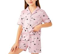 Hoseay Ragazze Pigiama, Manica Corta Maglietta e Vita Elastica Pantaloni 2 Pezzi Satinato Abbigliamento da Notte, Morbido Leggero Abbigliamento Casa con Bottoni per Bambini 8-9 Anni, Rosa