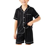 Hoseay Ragazzi Pigiama, Manica Corta Maglietta e Vita Elastica Pantaloni 2 Pezzi Satinato Abbigliamento da Notte, Morbido Leggero Abbigliamento Casa con Bottoni per Bambini 11-12 Anni, Nero