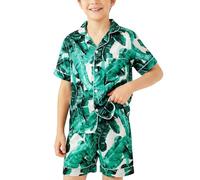 Hoseay Ragazzi Pigiama, Manica Corta Maglietta e Vita Elastica Pantaloni 2 Pezzi Satinato Abbigliamento da Notte, Morbido Leggero Abbigliamento Casa con Bottoni per Bambini 11-12 Anni, Verde