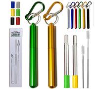 Hoshen, Cannucce telescopiche portatili, pieghevoli, in metallo, 2 pezzi, con spazzole e testine in silicone (con guaina), giallo/verde