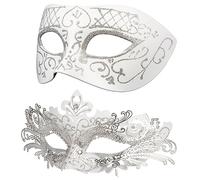 Hoshin Maschera in maschera per coppia, Mardi Gras Deecorations, maschere veneziane da donna (bianco con linee argentate)