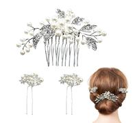 Hoshisea 3 Pezzi Pettine per Capelli da Sposa con Perle, Set di Fermagli per Capelli da Sposa, Accessori Strass Fiori Perle, per Sposa, Ragazze di Fiori, Feste & Invitati Nozze （ Argento ）