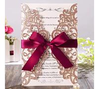 Hosmsua 20x biglietti d'invito per matrimonio con rose, tagliati laser con nastro bordeaux e buste per addio al nubilato, oro rosa glitterato inviti di nozze