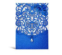Hosmsua 50x Personalizzato Blu biglietti di invito nozze con busta, taglio laser inviti cuore fiore cavo con strass per matrimonio compleanno anniversario invito di nozze (blu glitter)