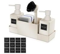 HOSPAOP Organizer per lavello da cucina, in plastica, con dispenser per detersivo, spazzola e spugna, organizer per lavello con dispenser per sapone, spazzola in spugna, Beige