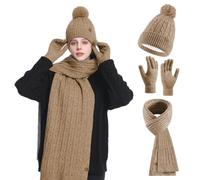 HOSPAOP Set di cappello, sciarpa e guanti per donna 3 in 1 - Berretto invernale da donna con pompon, sciarpa invernale, guanti touchscreen, set termico per l'outdoor e la vita quotidiana, cachi