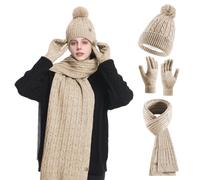 HOSPAOP Set di cappello, sciarpa e guanti per donna 3 in 1 - Berretto invernale da donna con pompon, sciarpa invernale, guanti touchscreen, set termico per l'outdoor e la vita quotidiana, beige