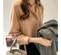 Hosrivae Camicia da donna in chiffon, a maniche lunghe, tinta unita, in misto poliestere-spandex, elegante da indossare tutti i giorni per quattro stagioni (2XL albicocca)