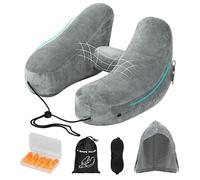 Hossom Cuscino da Viaggio Gonfiabile, Cuscino Cervicale per Dormire Aereo con Cappello, Tappi per le Orecchie, Mascherina 3D, Borsa Portaoggetti, Poggiatesta il Collo per Aereo, Auto e Treno (Grigio)