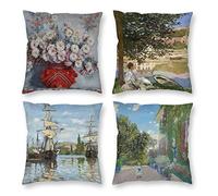 HOSTECCO Set di 4 federe decorative per cuscino con crisantemi, per divano, letto, auto, pittura di Claude Monet, 45,7 x 45,7 cm