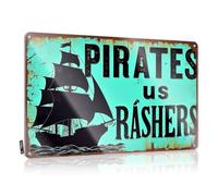 Hot Beer - Targa in latta con scritta "Pirates Vs Us Rashers", divertente cartello per garage per uomini, 20 x 30 cm