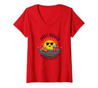 Hot Dog, Bevande Fredde, Cuori Caldi Maglietta con Collo a V, Donna, Rosso, S