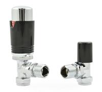 Hot Flow Coppia di valvole termostatiche per termosifone ad angolo cromato e nero, include corpo TRV angolato, testa ruota, scudo di bloccaggio. per un controllo della temperatura facile e veloce.