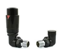 Hot Flow Coppia di valvole termostatiche per termosifone ad angolo estuario completamente nero, include corpo TRV, testa ruota e scudo di blocco per un controllo rapido e facile della temperatura.