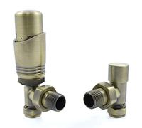 Hot Flow - Coppia di valvole termostatiche per termosifoni angolate in ottone antico, TRV moderne con corpo angolato e un blocco di sicurezza per un controllo rapido e facile della temperatura