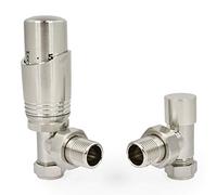 Hot Flow - Valvola termostatica per termosifone TRV moderna ad angolo in nichel satinato (coppia) Include corpo TRV ad angolo e un blocco di sicurezza per un controllo rapido e facile della