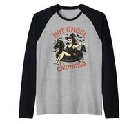 Hot Ghoul Summer Spooky Skeleton Strega Halloween Spiaggia Ragazza Maglia con Maniche Raglan