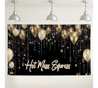 Hot Mess Express - Sfondo per feste, con palloncini neri e oro, eleganti stampe per feste di compleanno, decorazioni natalizie a tema glamour, per eventi interni ed esterni, 180 x 109 cm