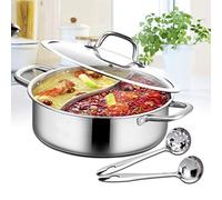 Hot Pot Shabu - Pentola con divisorio a doppia faccia, in acciaio inox, con cucchiaio, utensili da cucina (32 cm)