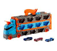Hot Wheels - Camion 2 in 1 Trasportatore e Pista, veicolo convertibile con 3 macchinine incluse, può contente fino a 20 auto, collegabile ad altri set, giocattolo per bambini, 4+ anni, GVG37