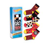 Hot Wheels Calzini per bambini, set da 5 | A righe rosse, nere e gialle, a quadri | Con fiamme e scacchi | Abbigliamento quotidiano, calzini sportivi per bambini