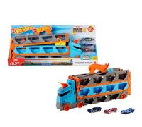 Hot Wheels - Camion Trasportatore 2 in 1, Trasportatore e Pista con 3 Auto in Scala 1:64 per Bambini da 4 a 8 Anni, HGH33, Imballaggio Sostenibile
