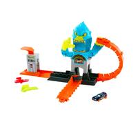 Hot Wheels - Attacco del Gorilla, set con curva pieghevole e officina, sconfiggi il gorilla e vinci la corsa, veicolo incluso e pista con sistema Speed Snap, 4+ anni, JHL92
